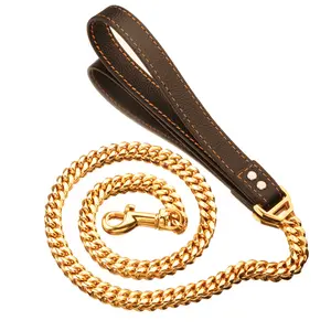 Hund Leder griff Edelstahl Leine 32mm Gold kubanische Kette Hunde geschirr große Hunde leinen Halsbänder