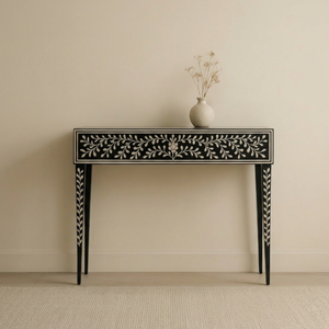 Table console en os incrusté, faite à la main, style traditionnel, table d'entrée, accent floral noir et blanc pour salon et chambre - Product Image 1