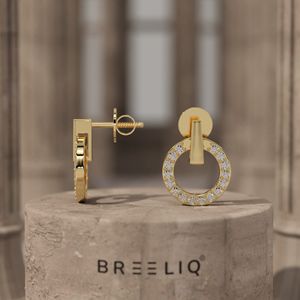 Boucles d'oreilles pendantes BREELIQ en or jaune 14 carats avec diamant rond, cercle ouvert, 0,16 CT VVS2 couleur G, diamant taille rond - Product Image 2