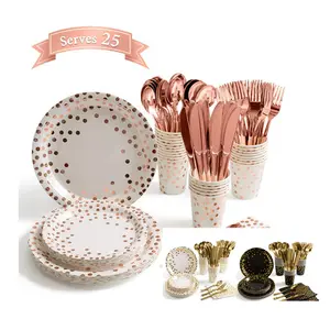 Fournitures de fête en papier jetable or Rose, Kit de vaisselle en papier personnalisé, assiettes, serviettes, tasses avec ensemble de couteau et fourchette en plastique doré