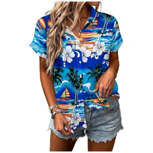 Blusa Hawaiana Vintage para Mujer, Suave y Fresca para el Verano, Estampado Floral Tropical, Cuello en V, Manga Corta, Botones al Frente, con Logotipo - Product Image 4