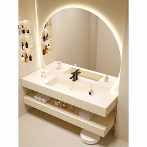 Light luxury <b>white</b> bathroom cabinet smart semi-circular <b>mirror</b> hanging cabinet body <b>white</b> washbasin - Product Image 1