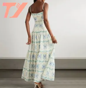 TUOYI Custom Graphic Printed Women's Spaghetti Strap Sleeveless Dresses Summer Floral Maxi Dress Ruffle Elegant Dress For Ladies