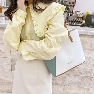 High Quality PU Leather Women's <b>Handbag</b> <b>Large</b> Capacity Patchwork Color Shoulder Bag Button Closure Fashionable Wild Style Canvas - Product Image 2