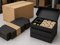 Boîte à sushi noire mate haut de gamme avec compartiment intérieur, emplacement pour coupelle à sauce, conception anti-déplacement, logo personnalisable, élégante pour la présentation des aliments