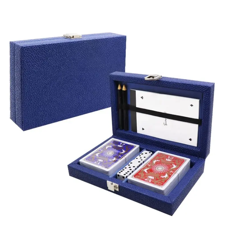 高級木製PUレザーボックス2デッキトランプポーカーゲームセットペンとノートブックポーカーチップゲームセット