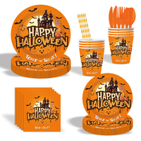 Ensemble de Vaisselle Jetable pour Fête à Thème Halloween avec Assiettes, Mouchoirs, Couteau, Fourchette, Cuillère, Paille