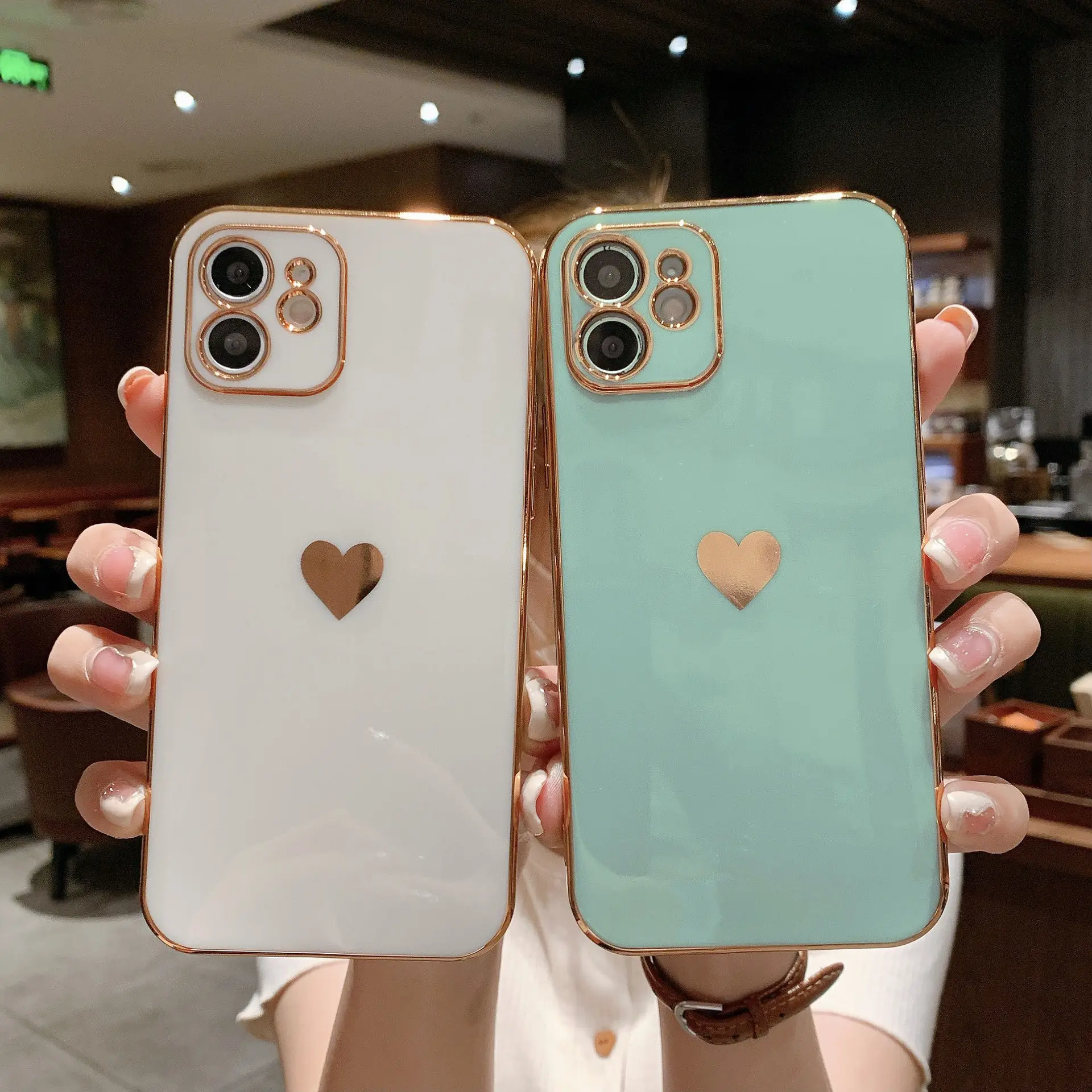 For iPhone13 Case with Camera Protection,Luxury Plating Soft TPU Bumper Case with Small Love Pattern For iPhone 12 13 Pro