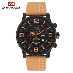 Mens Professional Chronograph Watch Black Case Brown Leather Strap Multi Function Sport Wristwatch - Product Image 2