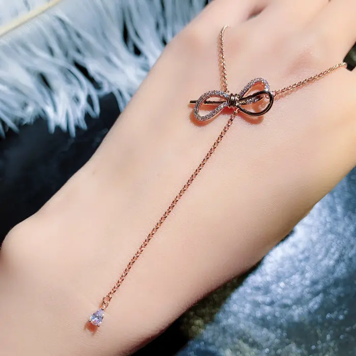 Dainty Fashion Stainless Steel Necklace Jewelry Zircon Paved Bow Crystal Charm Necklace Rose Gold Minimalist Necklace