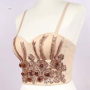 Top court à perles fines pour femme, Corset de soirée, haut court avec soutien-gorge intégré, à porter à l'épaule dénudée - Product Image 6