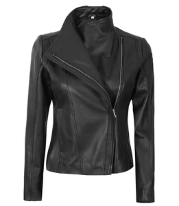 Women's Genuine Leather Moto <b>Jacket</b> Full Sleeve Stand Collar Zipper Closure Autumn Solid Color Regular Length - Product Image 1