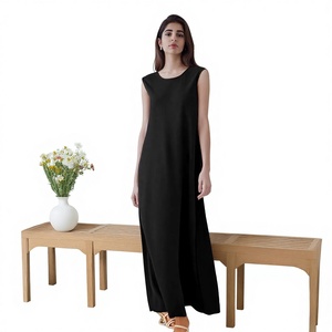 Robe longue noire sans manches, fluide, couleur unie, col chemise, décontractée, élégante, vêtement islamique, quotidienne, Ramadan, respirante, ample - Product Image 2