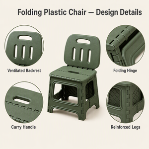 Sgabello Pieghevole in Plastica con Schienale e Maniglia per Trasporto, per Casa, Cucina, Campeggio e Viaggi - Product Image 4