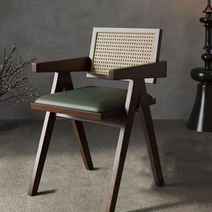 Chaise de Salle à Manger en Bois Massif Chandigarh avec Dossier Rembourré, Style Moderne Nordique Vintage Wabi-Sabi, Chaise de Loisirs en Rotin pour Usage Domestique - Product Image 4