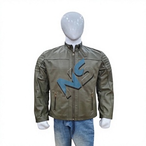 <b>Men's</b> Olive Green Slim Genuine <b>Leather</b> Streetwear <b>Jacket</b> with Windproof Stand Collar and Padded Shoulder - Product Image 1
