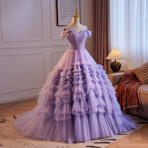 Purple Off The Shoulder Ball Gown Empire Waist Tulle Layered Evening Dress For Wedding Party Princess Style - Product Image 3
