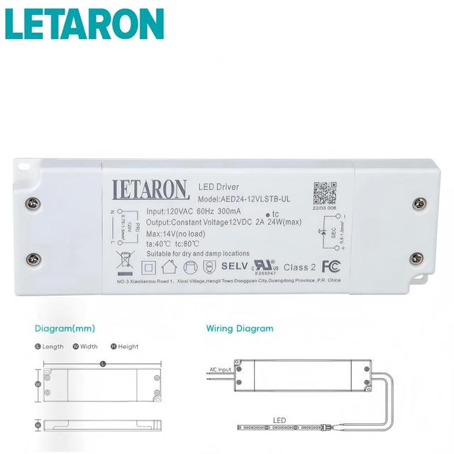 UL FCC Certified Class 2 LED Driver 12V 24V 6W 12W 24W Constant Voltage Power Supply 120VAC for US Indoor Bathrooms LED Light