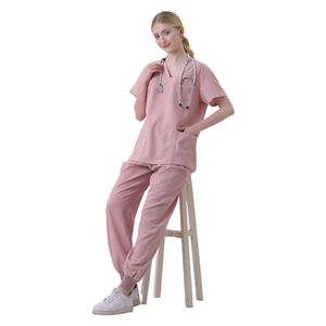 Women's V Neck Short Sleeve Scrub Set Polyester Hospital Uniforms For Nurses Split Design With Pockets In Pink And Green - Product Image 4