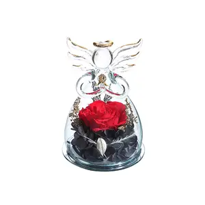 Wholesale Customized Handmade Angel Figurines Glass Dome Real Preserved Rose Flower for Valentine's Day