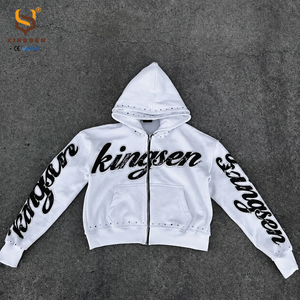 เสื้อฮู้ดดี้ผู้ชายแบบหนาพิเศษ 400gsm สไตล์สตรีทแวร์ ล้างสีแบบแอซิดวอช ซันเฟด ดีไซน์ขาดๆ ทรงบ็อกซี่ ครอป แต่งคริสตัล ซิปหน้า - Product Image 3