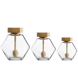 Hot Sale Hexagon Glass Honey Storage Jar With Honey Stick And Wooden Lid