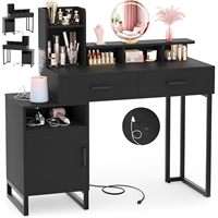 Bureau de maquillage moderne en bois noir avec prise électrique intégrée, table de toilette durable avec tiroirs, armoires et étagères ouvertes, compact pour salon