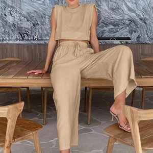 Cotton Linen Shoulder Padded Sleeveless Side Tie <b>Top</b> With Pocket Wide Leg Pants Women's Casual 2 Piece Set Fashion - Product Image 1
