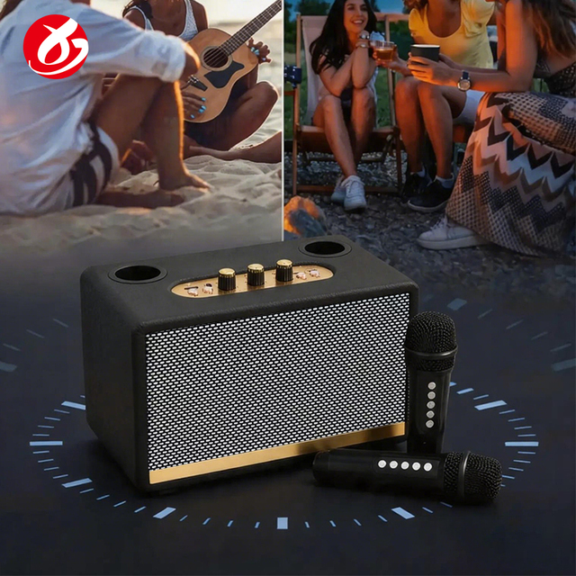Wooden Cabinet Bluetooth Karaoke Speaker with 2 Wireless Microphones High Fidelity Sound Portable for Home Family Party Singing
