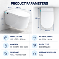WC intelligent mural avec couvercle automatique, réservoir encastré, bidet, siège chauffant, sécheur à air chaud et télécommande