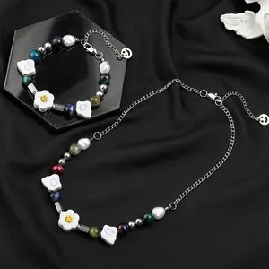 OLF bijoux-Conjunto de joyería hecha a mano estilo hip hop, pulsera de cuentas con cara sonriente