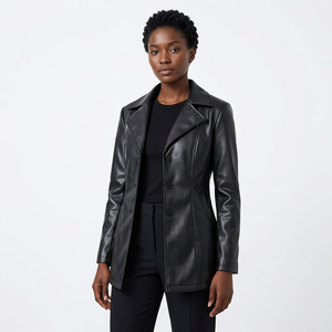 High Quality <b>Women</b> Slim Fit PU <b>Leather</b> <b>Long</b> Coat Single Button Lapel Custom Wholesale <b>Leather</b> <b>Jacket</b> Supplier - Product Image 1