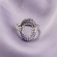S925 Sterling zilveren ring met paarse kubische zirkonia, bezel-setting, ovale holle geometrische CZ, luxe ring voor bruiloft of feest