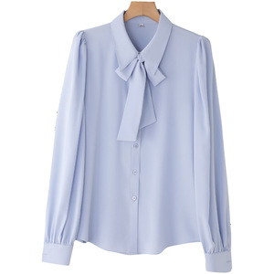 Women's Long Sleeve Bow Tie Blouse Solid Color Polyester Poplin Office Shirt XN6778 - Product Image 5