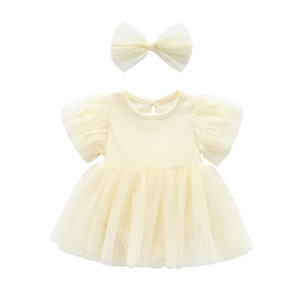Vestitini per Neonati Stile Principessa, Tinta Unita con Maniche a Sbuffo, Tutina per Celebrazione del Primo Mese, Tutina Personalizzata per Neonati - Product Image 4