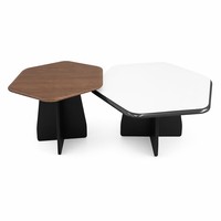Ensemble de tables basses gigognes pour salon, design moderne géométrique octogonal et hexagonal, en noyer et panneaux de pierre technologique blanche, livraison directe