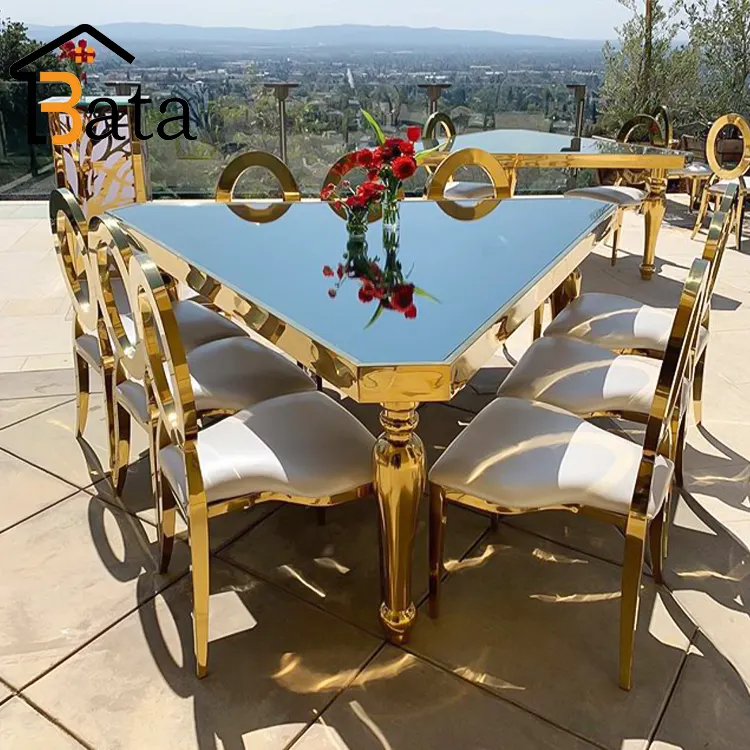 Hot Selling Wedding Stainless Steel Mirrored White Glass Top Dining Wedding Table For Party Event Banquet