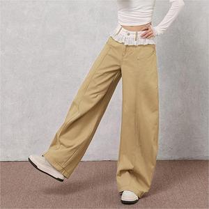 Phụ nữ mùa thu 2025 kaki chân rộng kaki cao ren-up DENIM THÊU thẳng giảm béo cong HEM tùy chỉnh đơn đặt hàng thoải mái phù hợp - Product Image 4