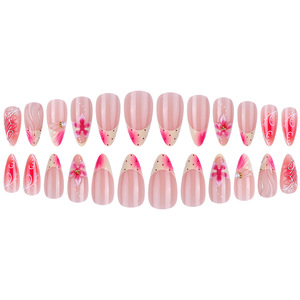 Faux ongles à presser en amande, motif floral en relief, style French élégant, avec colle goutte à goutte, amovibles, pour manucure, fêtes, usage quotidien et DIY - Product Image 4