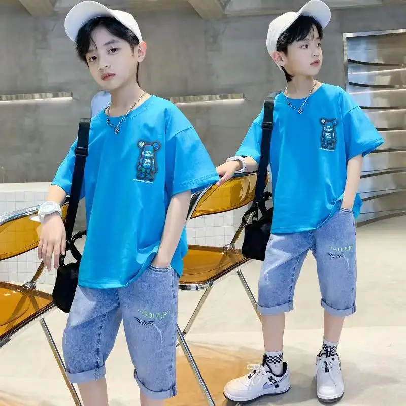 2023 Summer Wholesale Children Clothing Set Short Sleeve Cartoon Bear Print T Shirt Denim Shorts 2Pcs Kid Clothes Boys