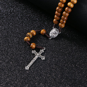 Chapelet catholique en bois brun <span class=keywords><strong>Komi</strong></span> avec médaille Vierge Marie et croix de Jésus, cordon tressé avec fermoir, collier, bijoux religieux - Product Image 5