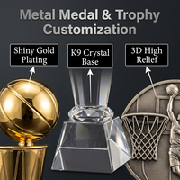 Trophée de basket-ball de luxe sur mesure en alliage de zinc avec base en cristal K9, plaqué or brillant, pour événements de championnat