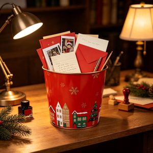 Vasi in Latta Rossi con Stampa Villaggio Natalizio Invernale, Decorazione Casa Innevata in Metallo per <span class=keywords><strong>Giardino</strong></span> e Casa, Regalo Festivo - Product Image 2