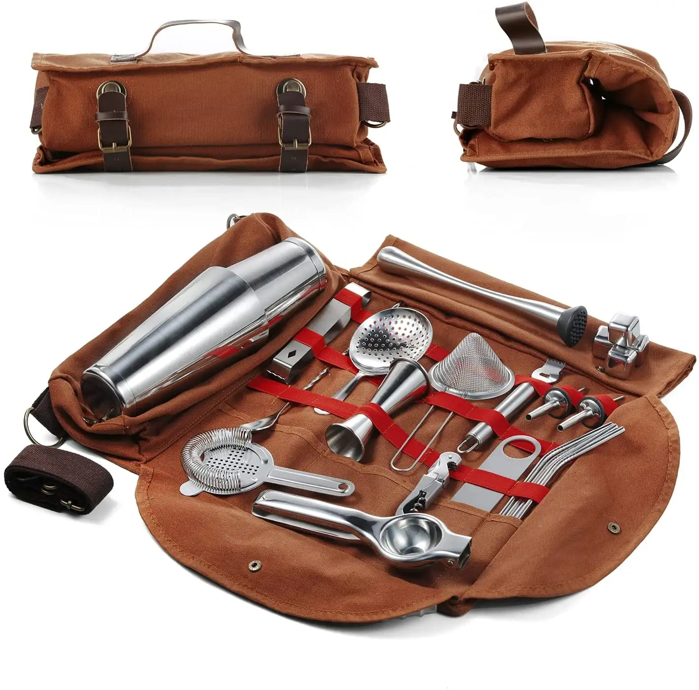 Travel Bartender Kit Bag Professional 17-piece Bar Tool Set with Stylish Portable Bar Bag and Shoulder Strap for Easy Carry
