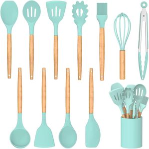 Juego de utensilios de cocina de silicona de 12 piezas de buena calidad con mango de madera, cuchara antiadherente, espátula, pinzas, herramientas de cocina - Product Image 1