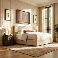 Ensemble complet de chambre principale de villa de luxe : Tapis contemporain personnalisé en laine et soie, lampe de table, cadre de lit en bois, table de chevet fermée
