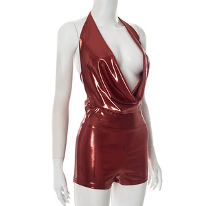 Nouvelle Combinaison Courte Sexy et Tendance pour Femme, Sans Manches, Col Halter, Décontractée, Dos Nu, à Nouer, Brillante - Product Image 3