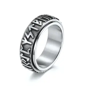 SC Hot Selling Fashion Long Lasting Stainless Steel Rings Hiphop Rotatable Anxiety Rings Stylish Viking Script Men Rings