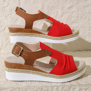 Women Color Block Wedge <b>Sandals</b> Summer New Style Ruched Sole European and American Style Peep Toe <b>Sandals</b> - Product Image 3