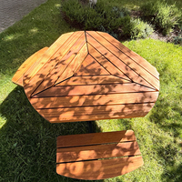 Table de pique-nique hexagonale géométrique moderne, surface en bois, structure en acier inoxydable 304, table à manger extérieure intégrée pour parc et jardin